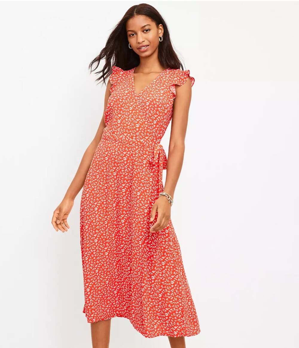 LOFT Floral Ruffle Sleeve Wrap Midi Dress // 8